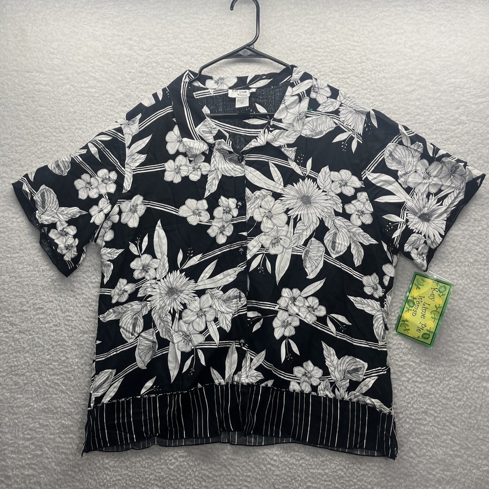 Key Lime Pie Blouse Womens 3x Black Tropical Floral Outdoor Casual Rayon $54